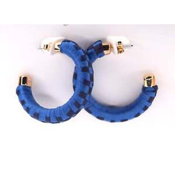 NEW J. Crew Raffia Hoop Earrings Blue Gold Style #B1322 MSRP $68 - Picture 2 of 7